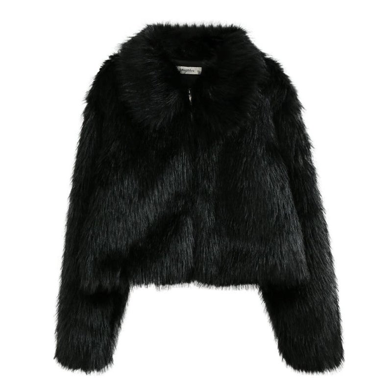 Amazhiyu Womens Faux Fur Zip-Up Cropped Jacket Long Sleeve Warm Winter Coat Black, Small - Image 3