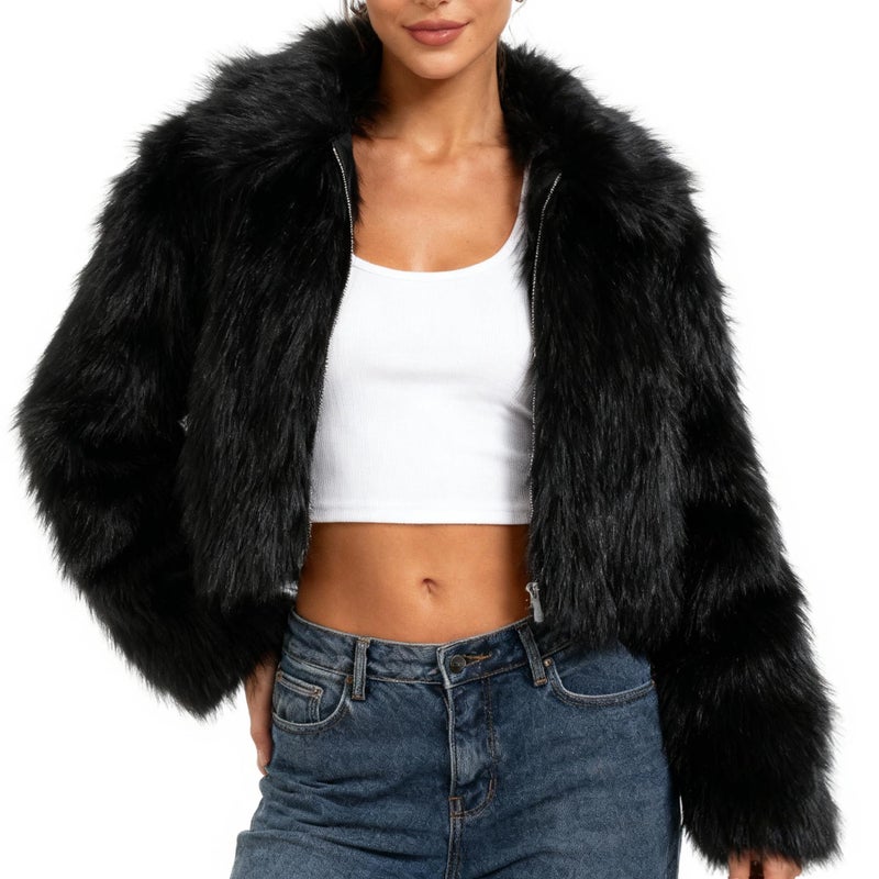 Amazhiyu Womens Faux Fur Zip-Up Cropped Jacket Long Sleeve Warm Winter Coat Black, Small - Image 1