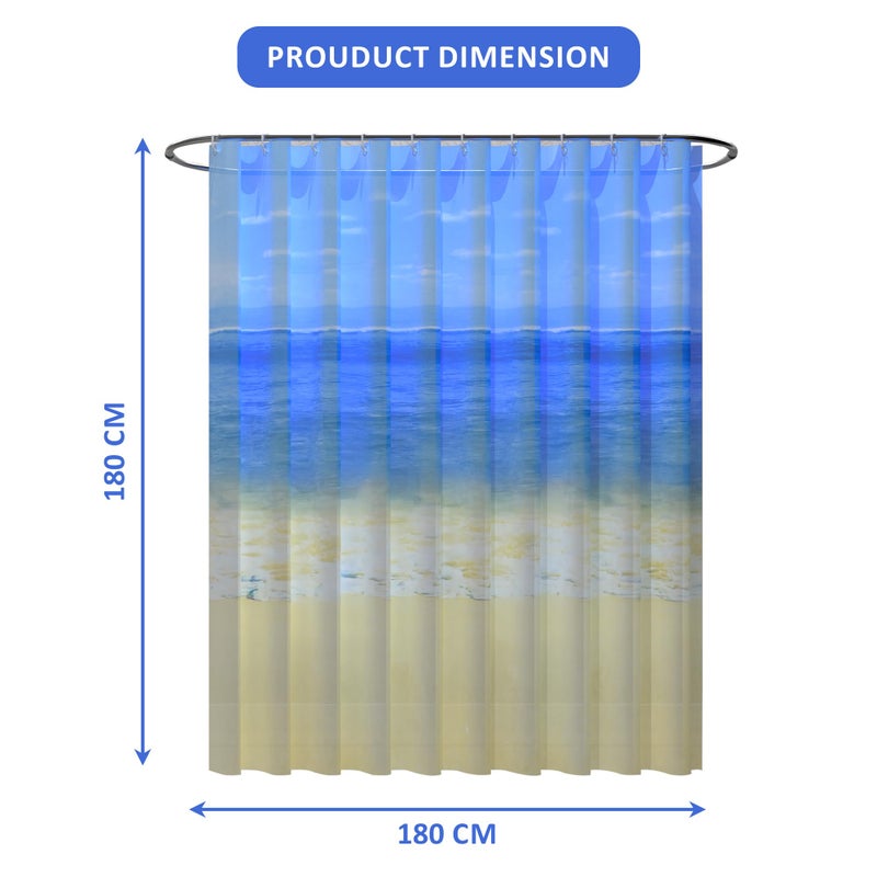 Kuber Industries Pack of 4 Waterproof 71" x 71" Shower Curtains For Bathroom with 12 Rings | Washroom Partition, Screen & Wall Divider Parda For Bathing Privacy | JY-5-2 | Beach Print - Blue - Image 3