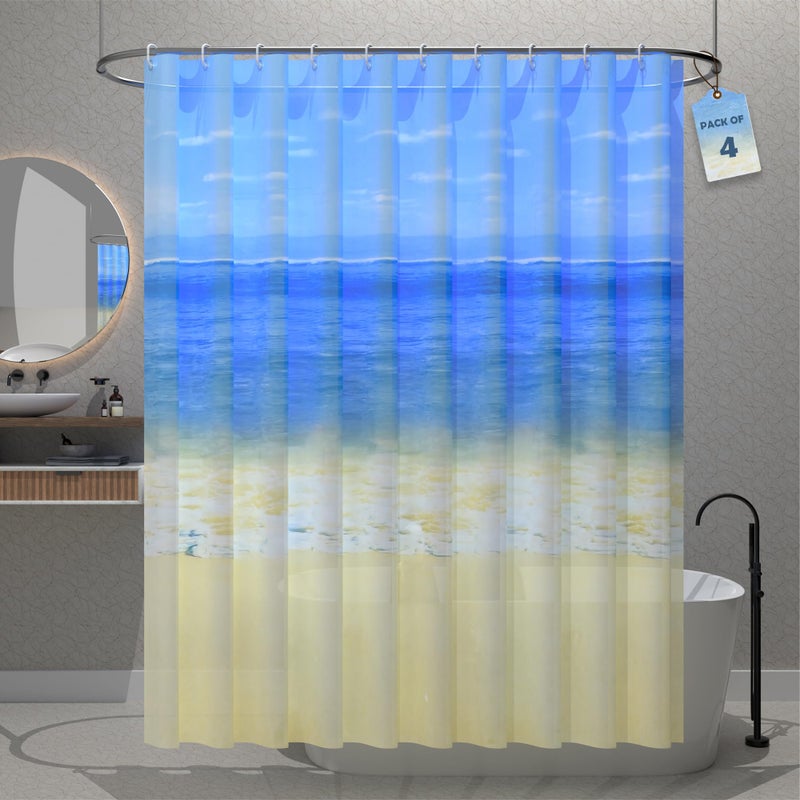 Kuber Industries Pack of 4 Waterproof 71" x 71" Shower Curtains For Bathroom with 12 Rings | Washroom Partition, Screen & Wall Divider Parda For Bathing Privacy | JY-5-2 | Beach Print - Blue - Image 1