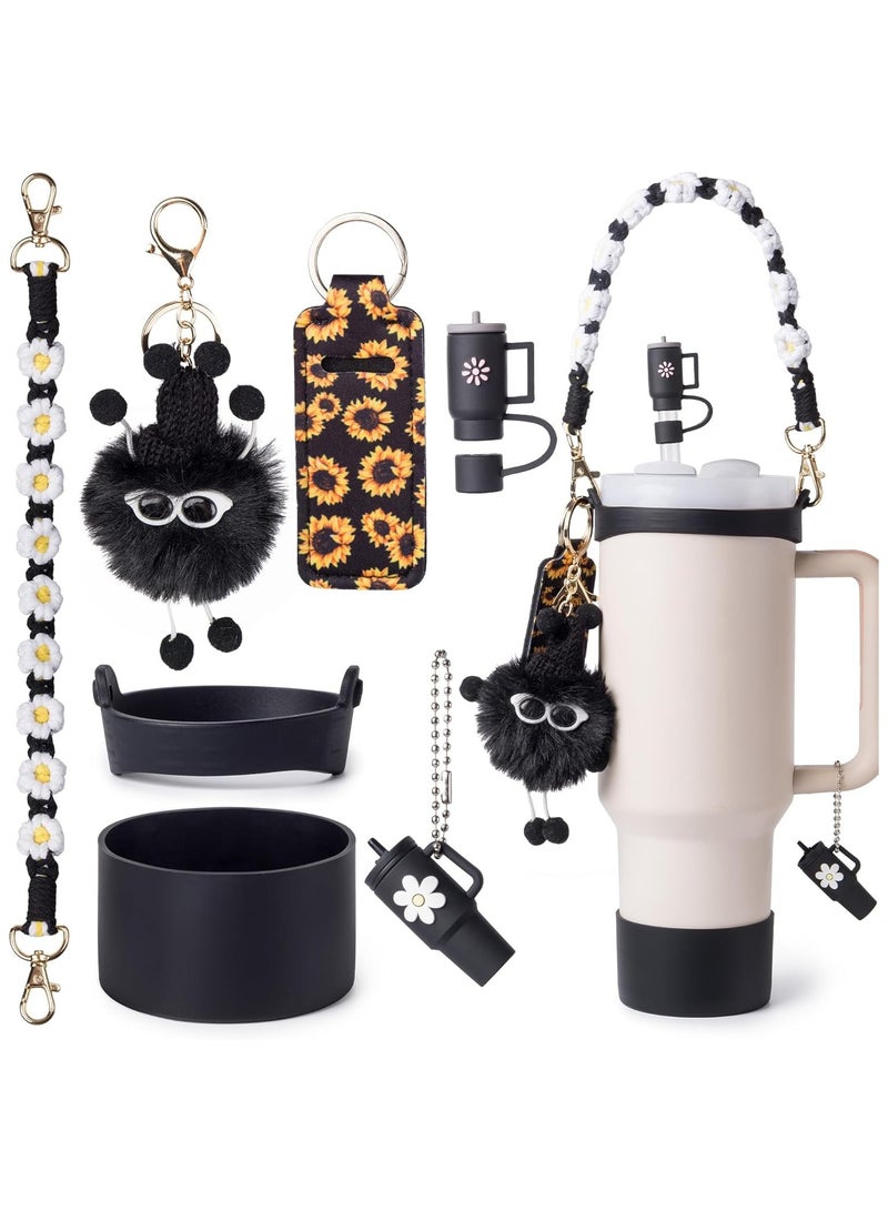 Cup Accessory Kit For Stanley Quencher Including Water Bottle Handle Strap, Silicone Cup Sleeve, Lipstick Holder, Key Chain Charms, Handle Charms, And Straw Topper Accessories For 40oz/30oz Black St  - Image 1