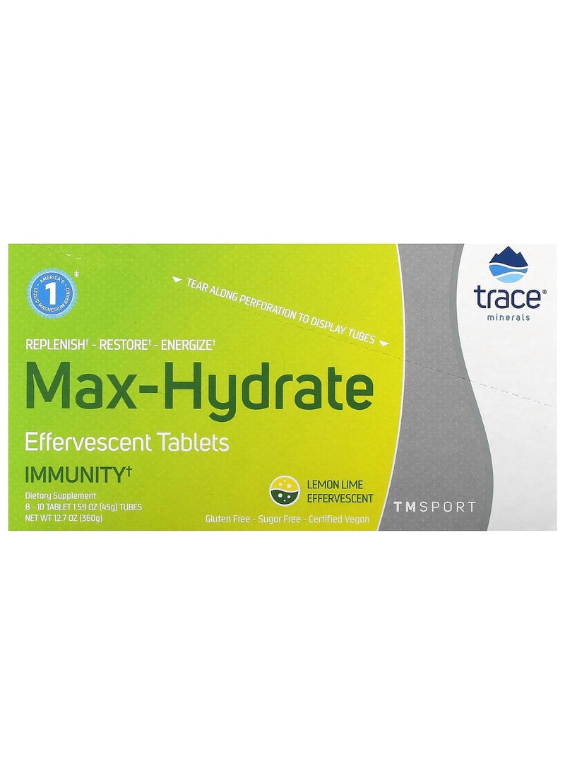 Trace Minerals TM Sport, Max-Hydrate Immunity Effervescent Tablets, Lemon Lime, 8 Tubes, 10 Tablets Each