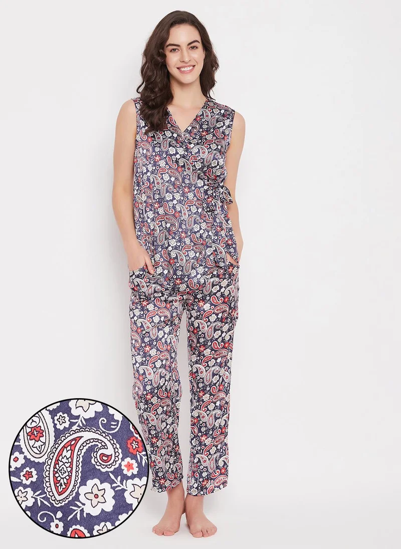 Clovia Clovia Paisley Print Angrakha Top & Pyjama Set in Navy - Satin