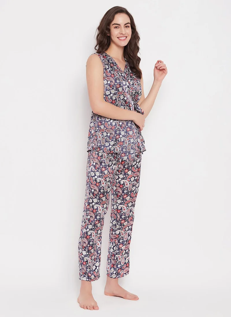 Clovia Clovia Paisley Print Angrakha Top & Pyjama Set in Navy - Satin