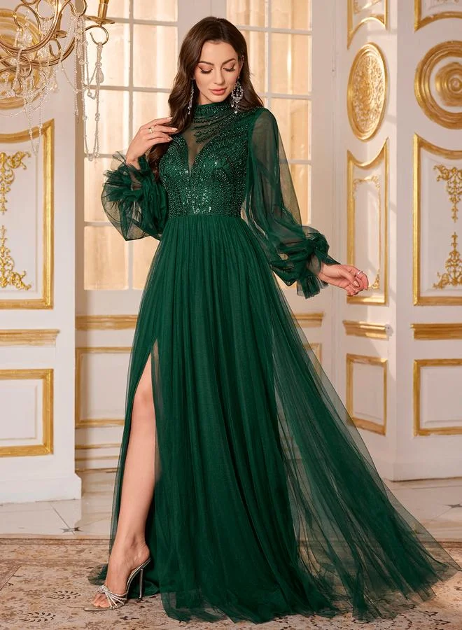 Supgir Dark Green Beaded Sequin Mesh Maxi Dress