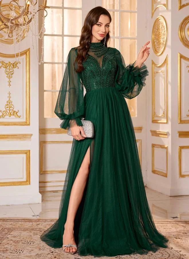 Supgir Dark Green Beaded Sequin Mesh Maxi Dress