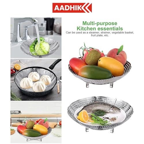 AADHIK Stainless Steel Vegetable Fruit Steamer Punching Food Drain Bowl Basket Stainless Steel Steamer (Steamer Basket) - Image 3