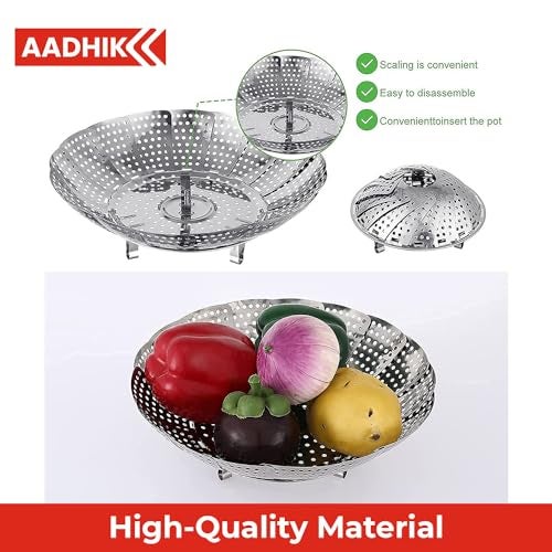 AADHIK Stainless Steel Vegetable Fruit Steamer Punching Food Drain Bowl Basket Stainless Steel Steamer (Steamer Basket) - Image 4