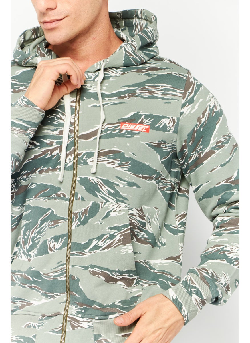 DIESEL - Men Sportswear Fit Camouflage Full Zip Hoodie, Sage Green - Image 1