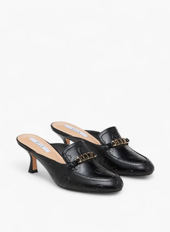 ELLE Monogram Embossed Mules with Kitten Heels