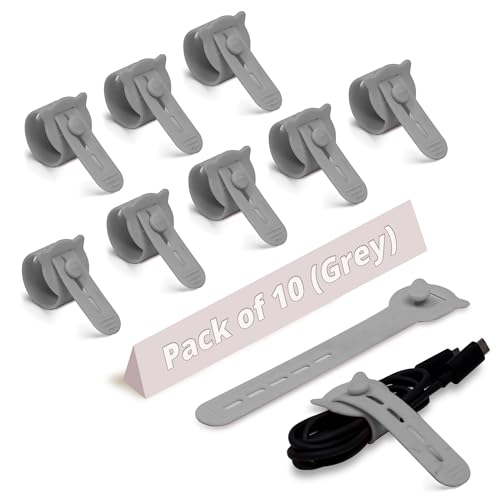 LivingBasics 10 Pcs Silicone Reusable Cable Ties/Wire Ties/Adjustable Cable Organizer/Elastic Cord Organizer/Reusable Silicone Cord Straps for Earphones, PC, Wires, Chargers, Desk (Grey) - Image 1
