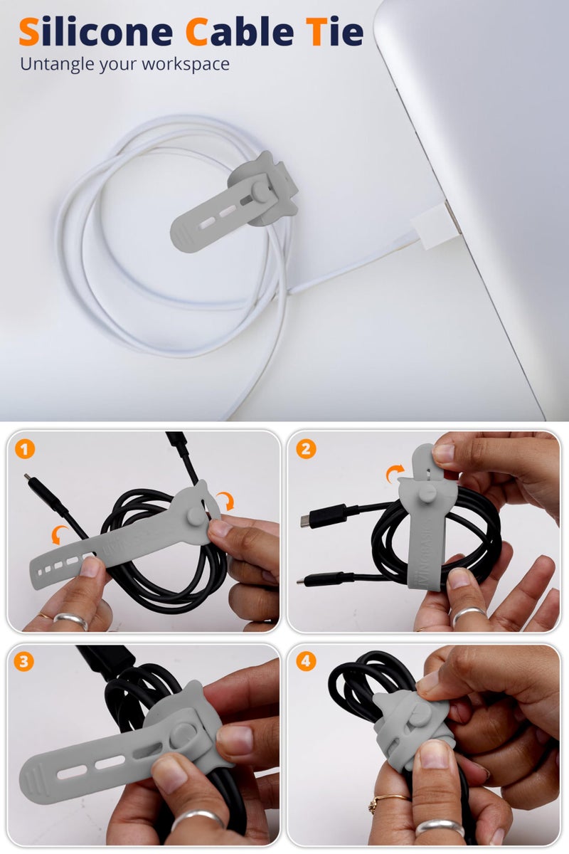 LivingBasics 10 Pcs Silicone Reusable Cable Ties/Wire Ties/Adjustable Cable Organizer/Elastic Cord Organizer/Reusable Silicone Cord Straps for Earphones, PC, Wires, Chargers, Desk (Grey) - Image 3