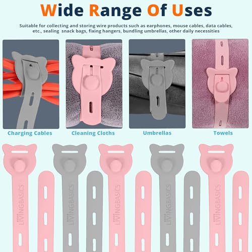 LivingBasics 10 Pcs Silicone Reusable Cable Ties/Wire Ties/Adjustable Cable Organizer/Elastic Cord Organizer/Reusable Silicone Cord Straps for Earphones, PC, Wires, Chargers, Desk (Grey) - Image 4