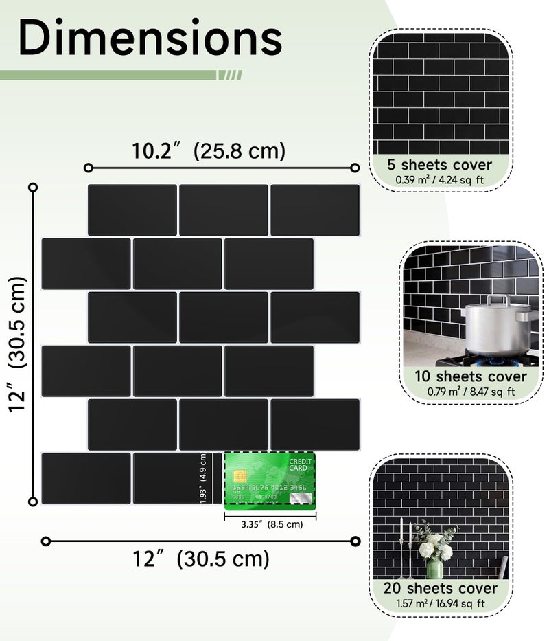 Yoillione Peel and Stick Backsplash for Kitchen: Self Adhesive Wall Tiles for Bathroom - Vinyl Thick Back Splash Tile (10, Black) - Image 3