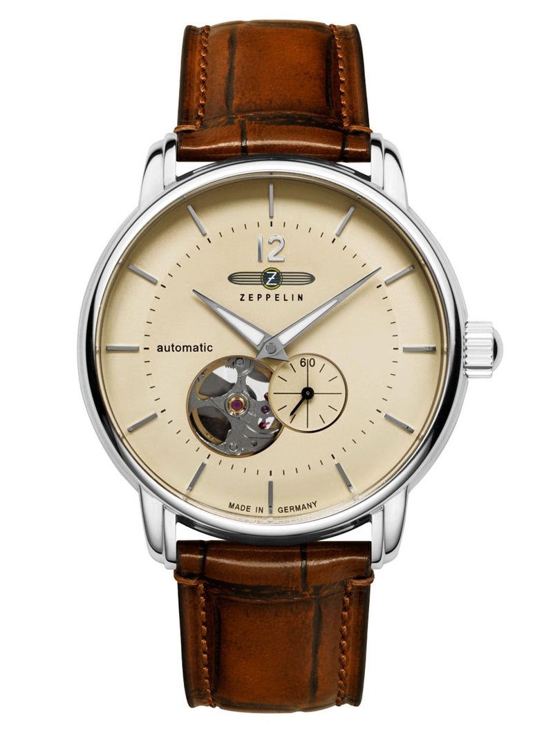 Zeppelin Leather Men 8166-1 Analog Watch Automatic Open Heart Lz-120 Series, Brown, Classic, Beige Dial, Brown Band - Image 1
