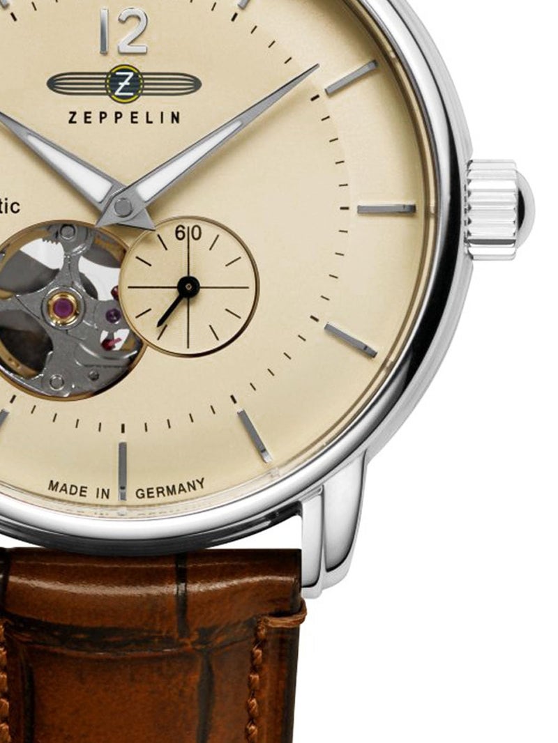 Zeppelin Leather Men 8166-1 Analog Watch Automatic Open Heart Lz-120 Series, Brown, Classic, Beige Dial, Brown Band - Image 2