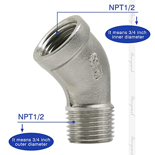 Horiznext shower pipe NPT 1/2 elbow fitting, 45 degree angle npt stainless steel adapter, female to male casting connector - Image 2