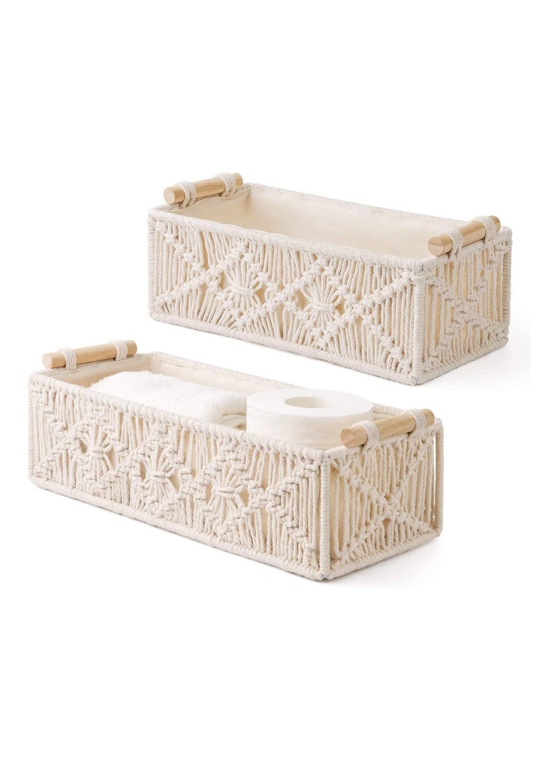 Arabest Macrame Storage Baskets, Handmade Woven Cotton Rope Storage Bins, Macrame Decorative Tray Boho Home Decor Basket with Wood Handles, for Bedroom Livingroom Home, Set of 2 - Image 1