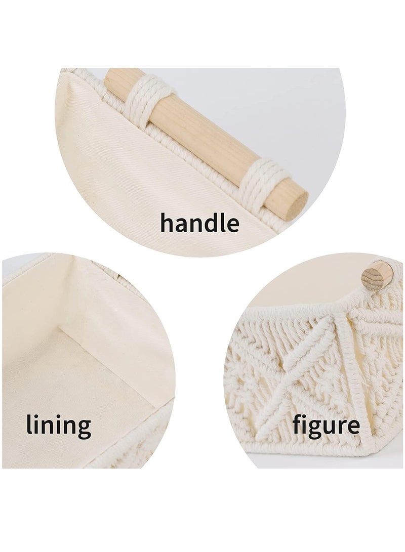 Arabest Macrame Storage Baskets, Handmade Woven Cotton Rope Storage Bins, Macrame Decorative Tray Boho Home Decor Basket with Wood Handles, for Bedroom Livingroom Home, Set of 2 - Image 3