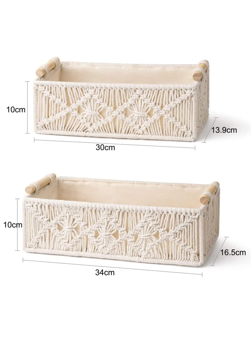 Arabest Macrame Storage Baskets, Handmade Woven Cotton Rope Storage Bins, Macrame Decorative Tray Boho Home Decor Basket with Wood Handles, for Bedroom Livingroom Home, Set of 2 - Image 5