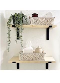 Arabest Macrame Storage Baskets, Handmade Woven Cotton Rope Storage Bins, Macrame Decorative Tray Boho Home Decor Basket with Wood Handles, for Bedroom Livingroom Home, Set of 2  - Image 4