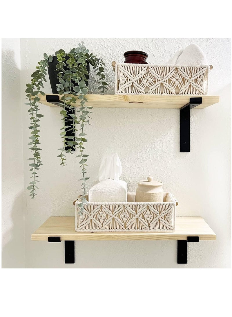 Arabest Macrame Storage Baskets, Handmade Woven Cotton Rope Storage Bins, Macrame Decorative Tray Boho Home Decor Basket with Wood Handles, for Bedroom Livingroom Home, Set of 2 - Image 4