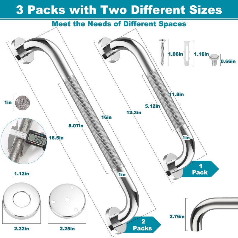 Tetutor 3 Pack Grab Bars for Bathtubs and Showers, 16-Inch and 12-Inch Anti-Slip Bathroom Shower Grab Bars for Seniors Wall, Safety Handicap Grab Bars Stainless Steel,Shower Handle for Elderly - Image 2