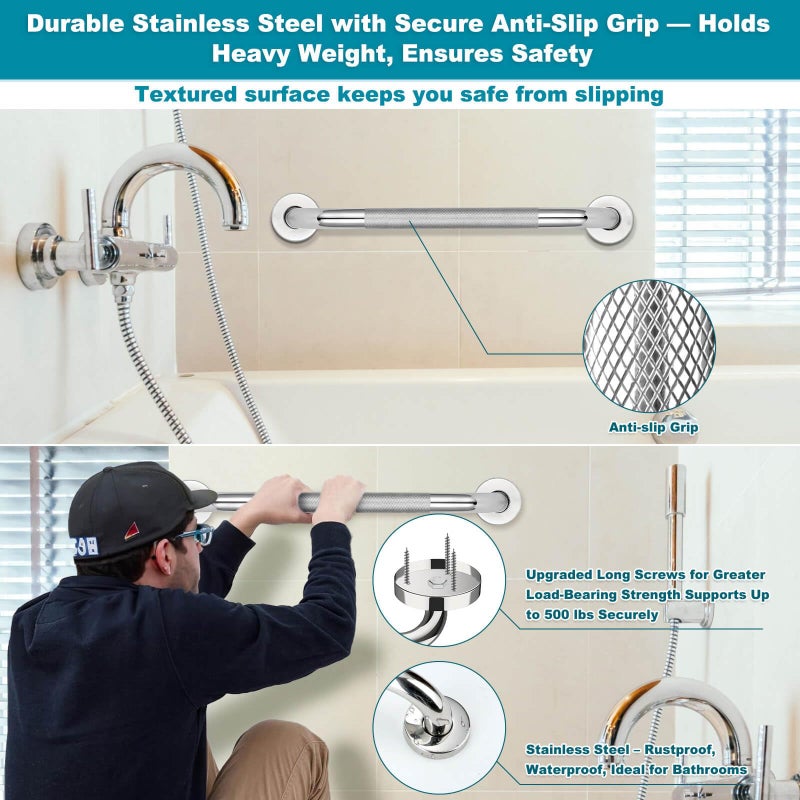 Tetutor 3 Pack Grab Bars for Bathtubs and Showers, 16-Inch and 12-Inch Anti-Slip Bathroom Shower Grab Bars for Seniors Wall, Safety Handicap Grab Bars Stainless Steel,Shower Handle for Elderly - Image 3