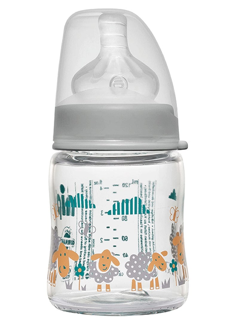 nip Wide Neck Glass Bottle, Round Teat-M, Silicone-Made,With Integrated Anti-Colic Vent, 120 ml, Grey Sheep
