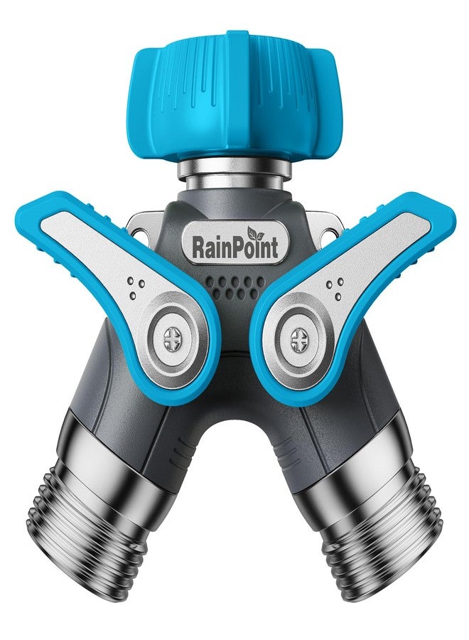 RAINPOINT Garden Hose Splitter, 2 Way Heavy Duty Water Hose Y Spigot Splitter with Shutoff Valves, 100% Metal Body Outdoor Faucet Splitter, 1.9" Extra Long Metal Handle, 3/4" GHT Thread (1, Blue) - Image 1