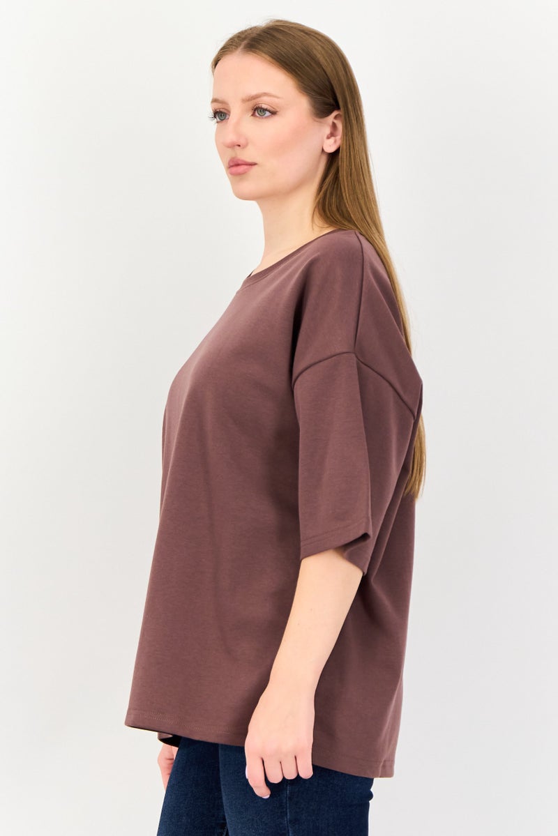 Core Elements Women Crew Neck Plain Short Sleeve T-Shirt, Brown - Image 2