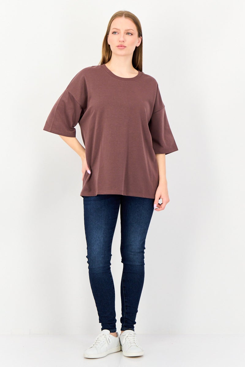 Core Elements Women Crew Neck Plain Short Sleeve T-Shirt, Brown - Image 4