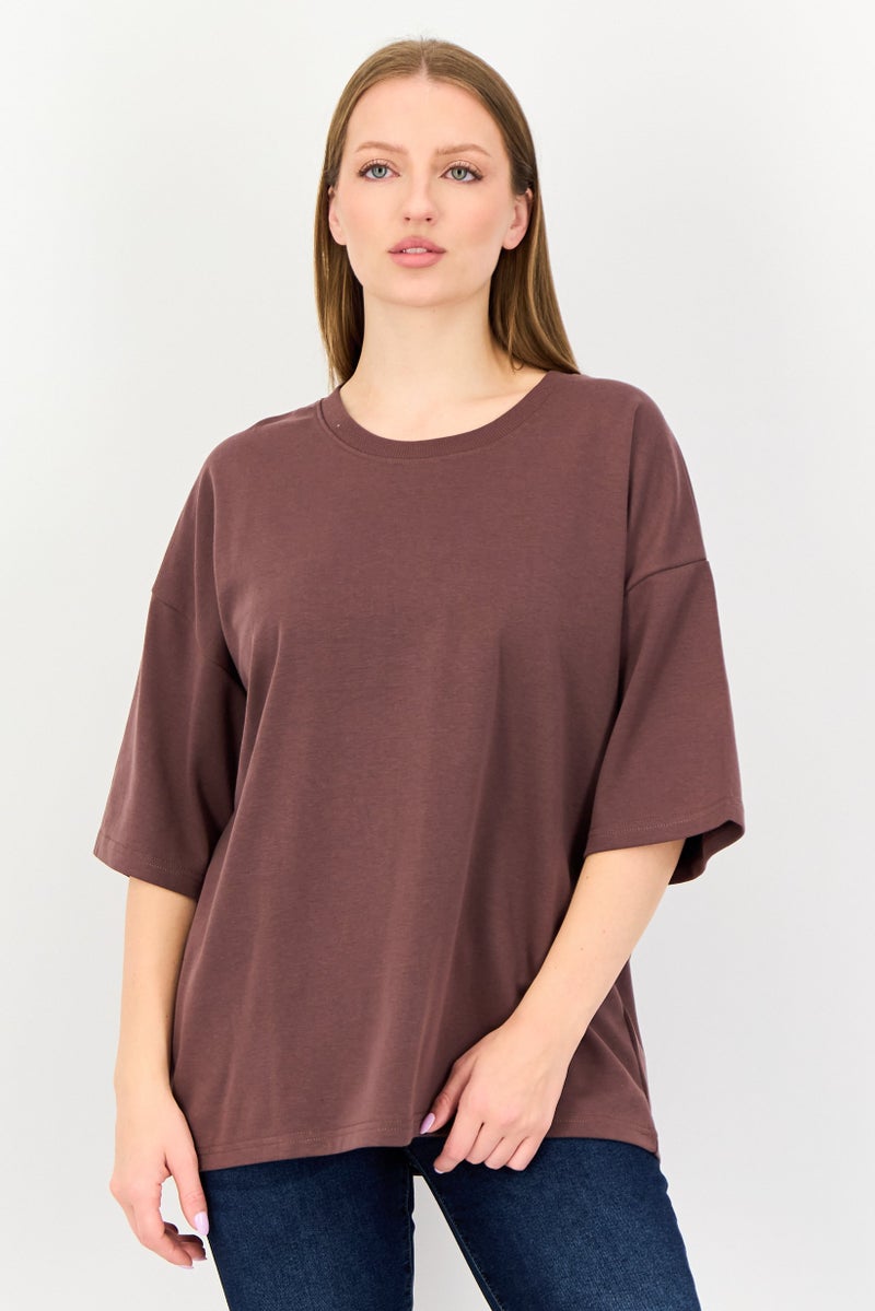Core Elements Women Crew Neck Plain Short Sleeve T-Shirt, Brown - Image 1