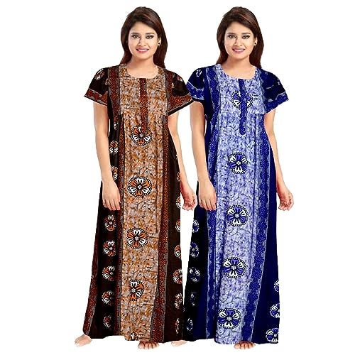 KBNBJ 100% Cotton Nighty for Women || Long Length Printed Nighty/Maxi/Night Gown/Night Dress/Nightwear Inner & Sleepwear for Women's (Combo Pack of 2)(Brown & Blue) - Image 1