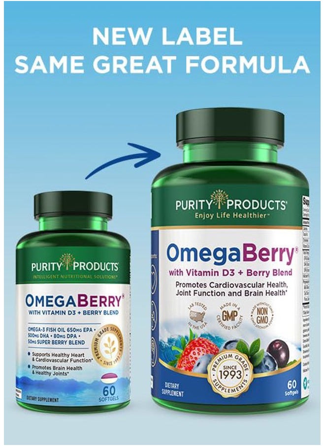 Purity Products - OmegaBerry Fish Oil with Vitamin D3 and Organic Acai - 1250mg Concentrated Molecularly Distilled Ultra Pure Omega-3 Fish Oil, 500mg DHA + 650mg EPA - 60 Soft Gels - 30 Day Supply from - Image 1