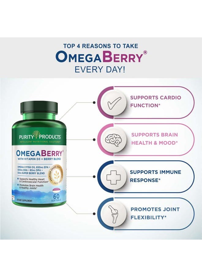 Purity Products - OmegaBerry Fish Oil with Vitamin D3 and Organic Acai - 1250mg Concentrated Molecularly Distilled Ultra Pure Omega-3 Fish Oil, 500mg DHA + 650mg EPA - 60 Soft Gels - 30 Day Supply from - Image 1
