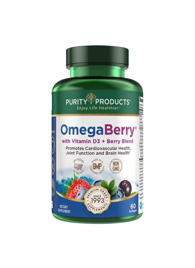 Purity Products - OmegaBerry Fish Oil with Vitamin D3 and Organic Acai - 1250mg Concentrated Molecularly Distilled Ultra Pure Omega-3 Fish Oil, 500mg DHA + 650mg EPA - 60 Soft Gels - 30 Day Supply from - Image 1