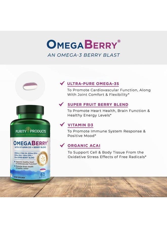 Purity Products - OmegaBerry Fish Oil with Vitamin D3 and Organic Acai - 1250mg Concentrated Molecularly Distilled Ultra Pure Omega-3 Fish Oil, 500mg DHA + 650mg EPA - 60 Soft Gels - 30 Day Supply from - Image 1