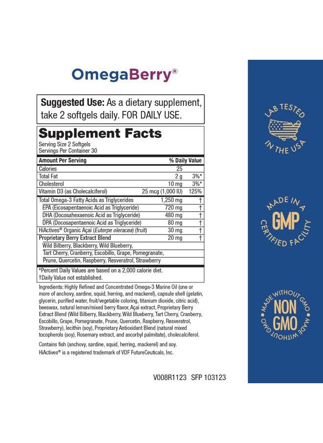 Purity Products - OmegaBerry Fish Oil with Vitamin D3 and Organic Acai - 1250mg Concentrated Molecularly Distilled Ultra Pure Omega-3 Fish Oil, 500mg DHA + 650mg EPA - 60 Soft Gels - 30 Day Supply from - Image 1
