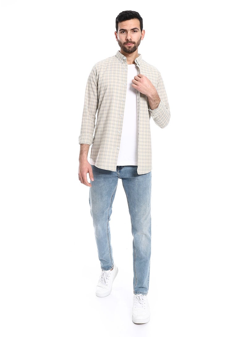 Pavone Windowpane Pattern Buttons Down Closure Shirt - Pastel Olive & White - Image 1