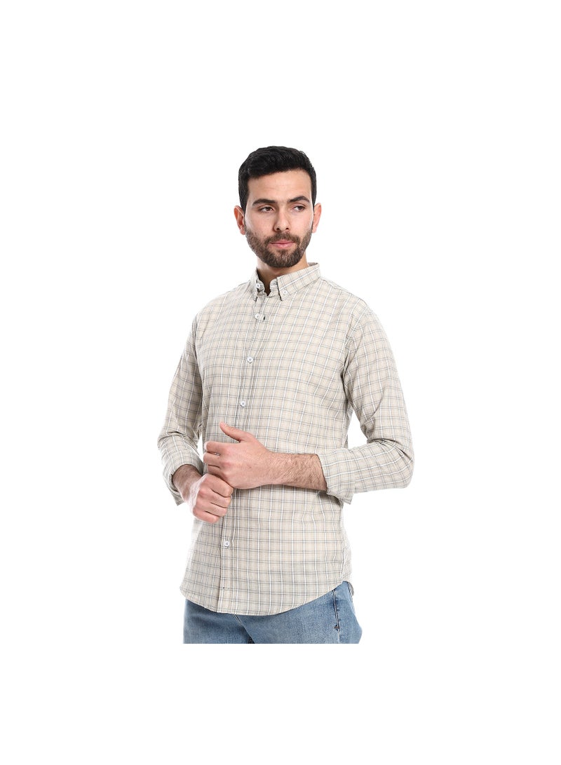 Pavone Windowpane Pattern Buttons Down Closure Shirt - Pastel Olive & White - Image 2