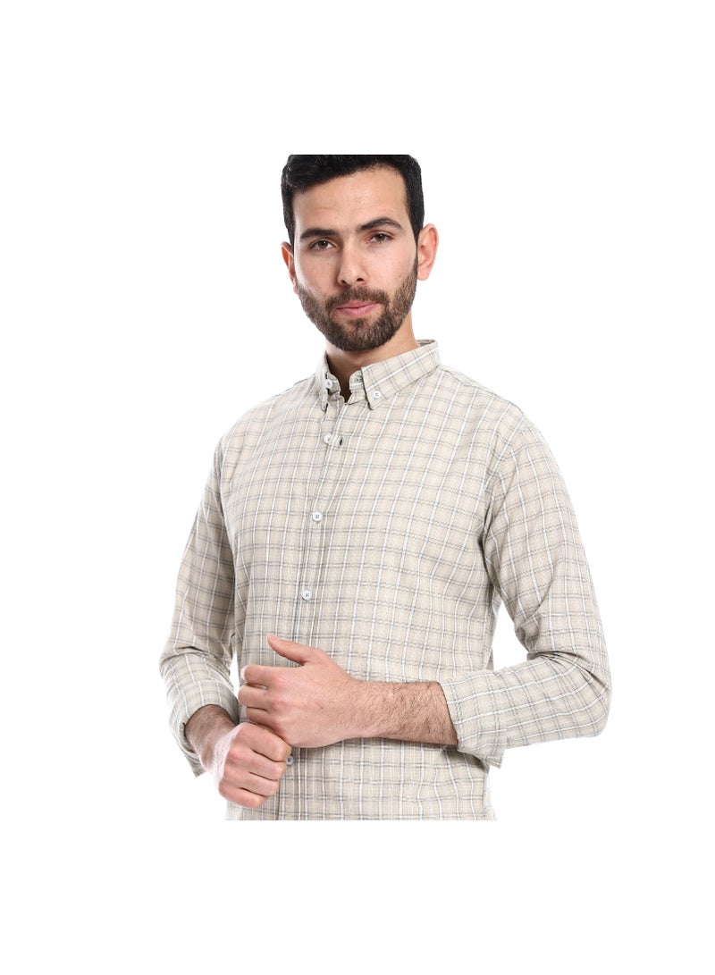 Pavone Windowpane Pattern Buttons Down Closure Shirt - Pastel Olive & White - Image 4