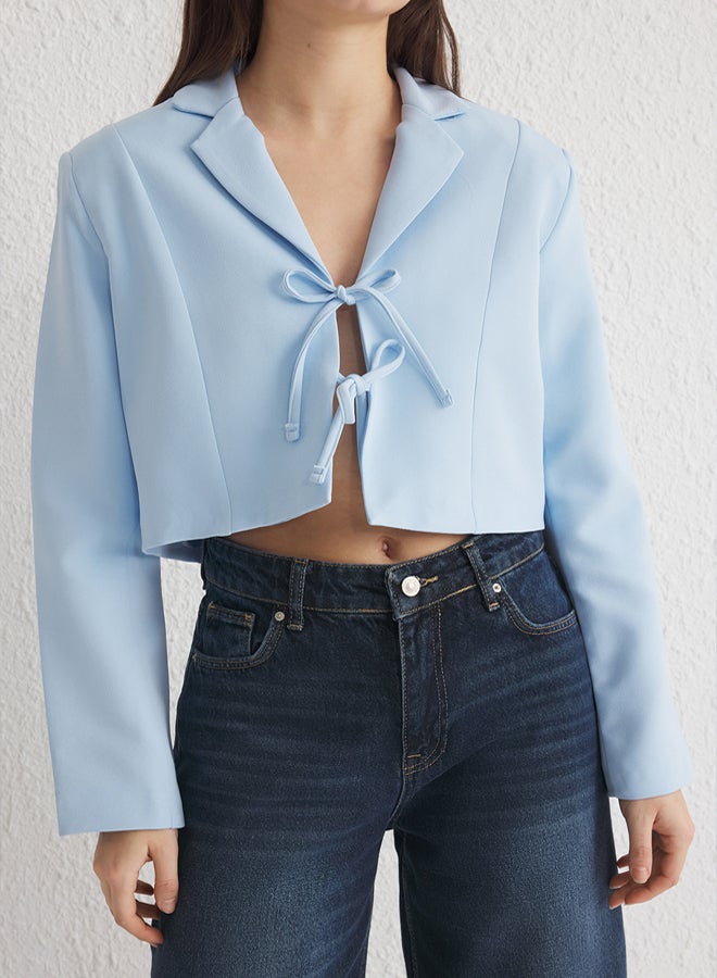 trendyol Light Blue Lacing Detailed Lined Crop Woven Blazer Jacket - Image 3