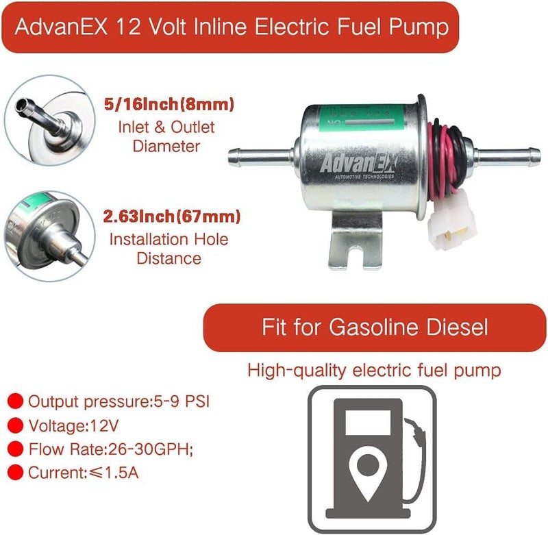 AdvanEX مضخة وقود كهربائية AdvanEX 12V عالمية ضغط منخفض 5-9 PSI بنزين ديزل معدنية صلبة متوافقة مع الكربوراتور HEP-02A - Image 2