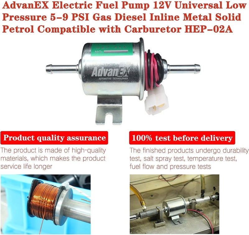 AdvanEX مضخة وقود كهربائية AdvanEX 12V عالمية ضغط منخفض 5-9 PSI بنزين ديزل معدنية صلبة متوافقة مع الكربوراتور HEP-02A - Image 3