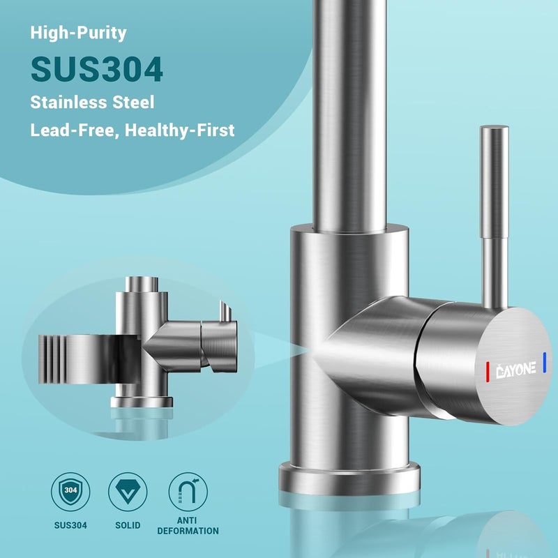 DAYONE Kitchen Tap, Brushed Nickel Kitchen Sink Mixer with Pull Down Sprayer 3 Water Modes, Stainless Steel Sink Faucet for Kitchen, Single Handle/Hole - Image 5