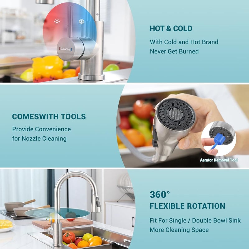DAYONE Kitchen Tap, Brushed Nickel Kitchen Sink Mixer with Pull Down Sprayer 3 Water Modes, Stainless Steel Sink Faucet for Kitchen, Single Handle/Hole - Image 4