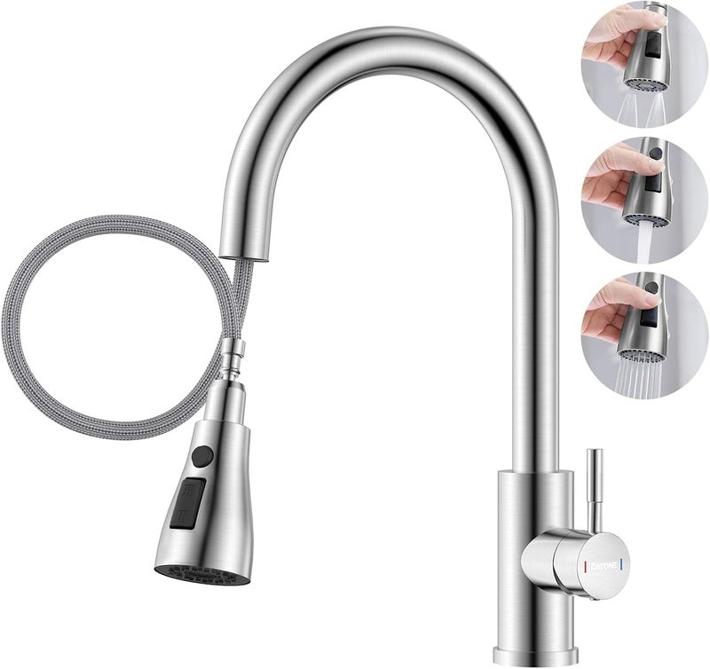 DAYONE Kitchen Tap, Brushed Nickel Kitchen Sink Mixer with Pull Down Sprayer 3 Water Modes, Stainless Steel Sink Faucet for Kitchen, Single Handle/Hole - Image 1