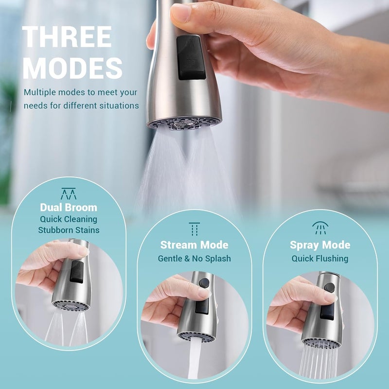 DAYONE Kitchen Tap, Brushed Nickel Kitchen Sink Mixer with Pull Down Sprayer 3 Water Modes, Stainless Steel Sink Faucet for Kitchen, Single Handle/Hole - Image 2