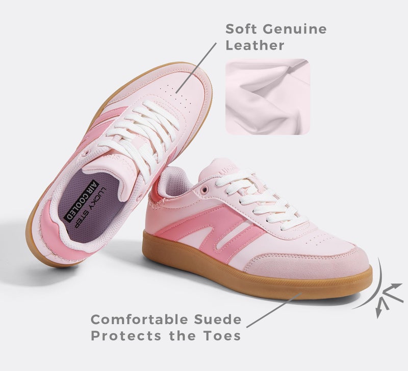 LUCKY STEP Women Classic Retro Gum Sole Fashion Sneakers Casual Tennis Skate Shoe Genuine Leather Walking Footwear Anti Slip Trainers(Pink,10) - Image 3